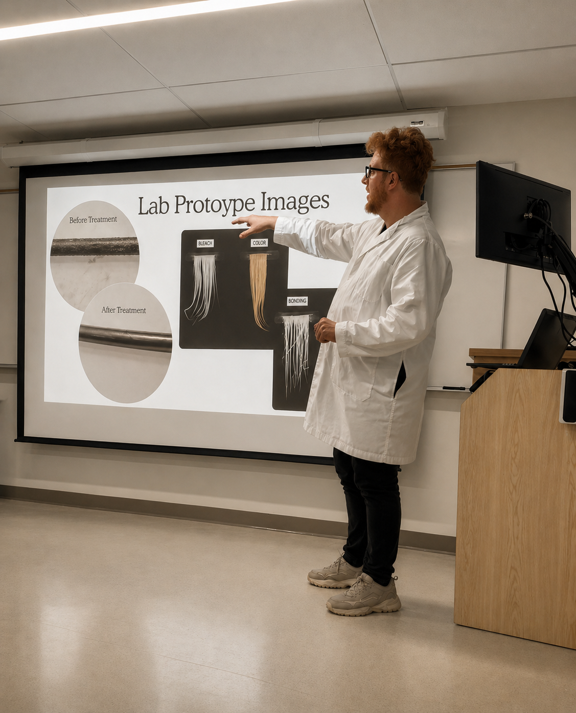 Lucas Tamaio teaching a technical hair science presentation