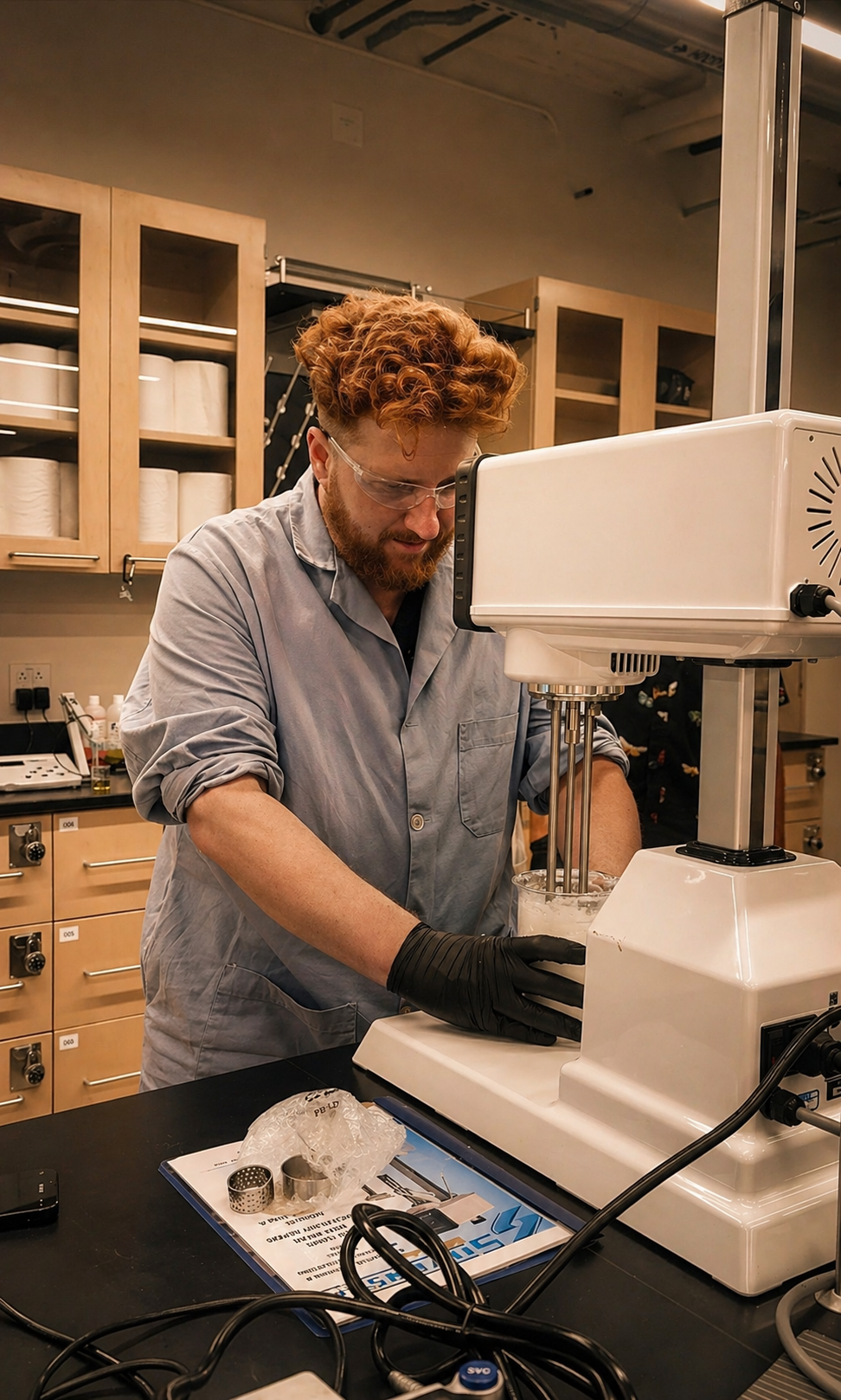 Lucas Tamaio working with formulation equipment in a cosmetic chemistry lab