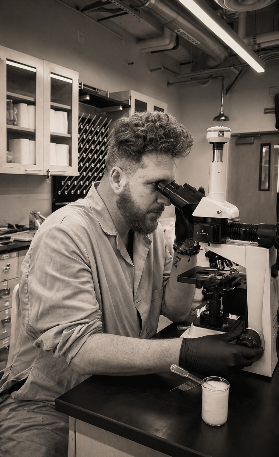 Lucas Tamaio analyzing a sample under a microscope
